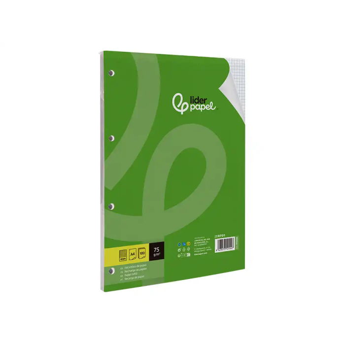 Liderpapel Recambio A4 100 Hojas 75gr Cuadro 4mm Con Margen 4 Taladros 2