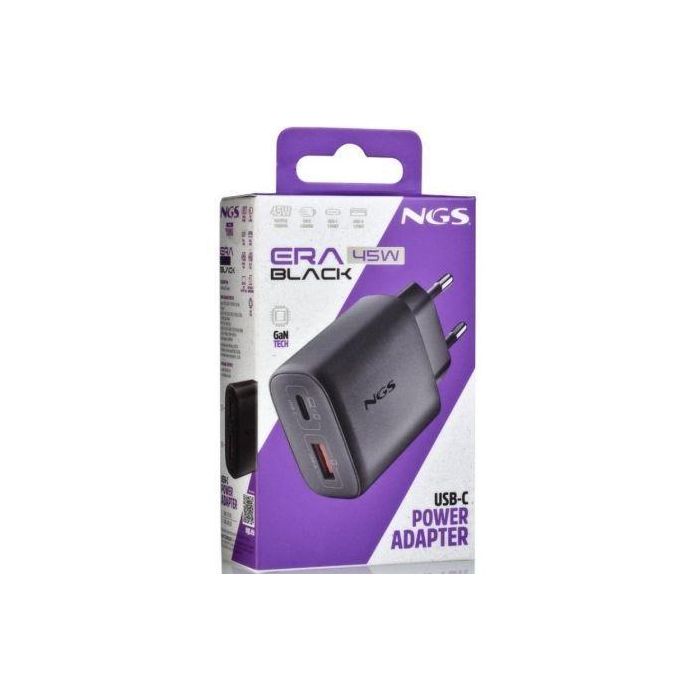 NGS Cargador de Pared GaN ERA 45W BLACK, 45W, 2 Puertos (USB-C + USB-A), Carga Rápida 4