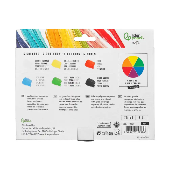 Liderpapel Pintura Gouache/Tempera Caja 6 Tubos 75 ml Colores Surtidos 2