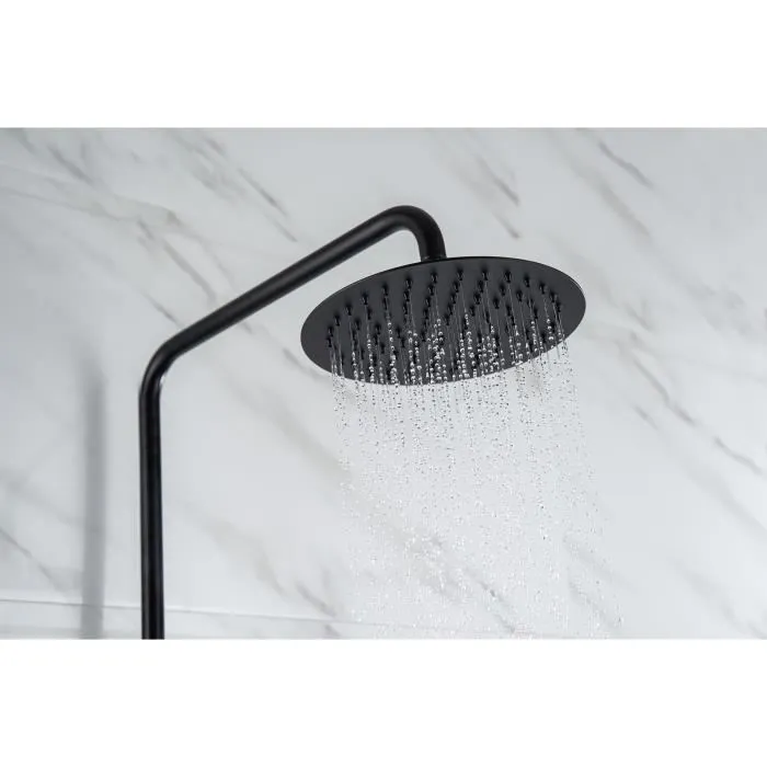 Oceanic Columna de ducha Mezclador termostático Cabezal redondo ø 20 cm Negro mate Ducha de mano 3 chorros Altura regulable Acero Inoxidable 2