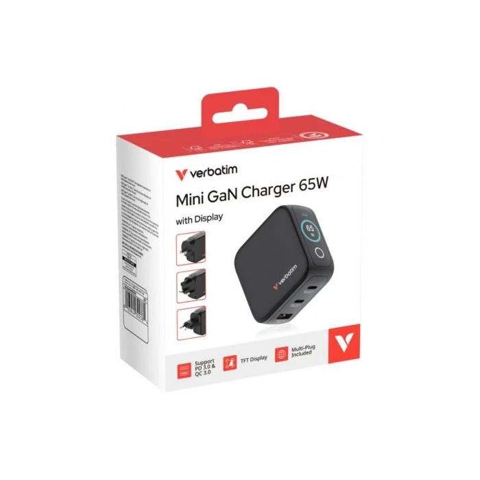 Verbatim Mini Cargador GaN 65W con Pantalla, 2xUSB-C PD, 1xUSB-A QC 3.0, Universal 100-240V, 30238 4 Verbatim Mini Cargador GaN 65W con Pantalla, 2xUSB-C PD, 1xUSB-A QC 3.0, Universal 100-240V, 30238 4