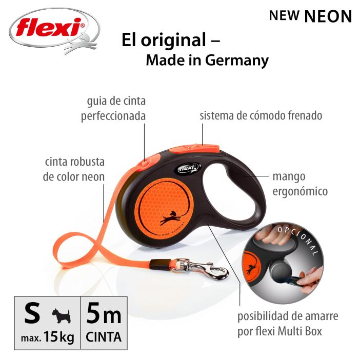 Flexi Correa New Neon S Cinta 5m Naranja Neón con Componentes Reflectantes 2 Flexi Correa New Neon S Cinta 5m Naranja Neón con Componentes Reflectantes 2
