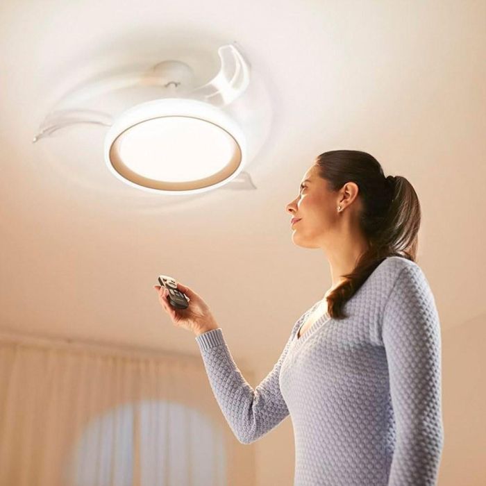 Philips Bliss White Sparkle - Ventilador de Techo LED 3 CCT con Aspas Retráctiles Transparentes, Blanco Estrellado, ⌀106 cm, Motor DC 28W, Mando a Distancia