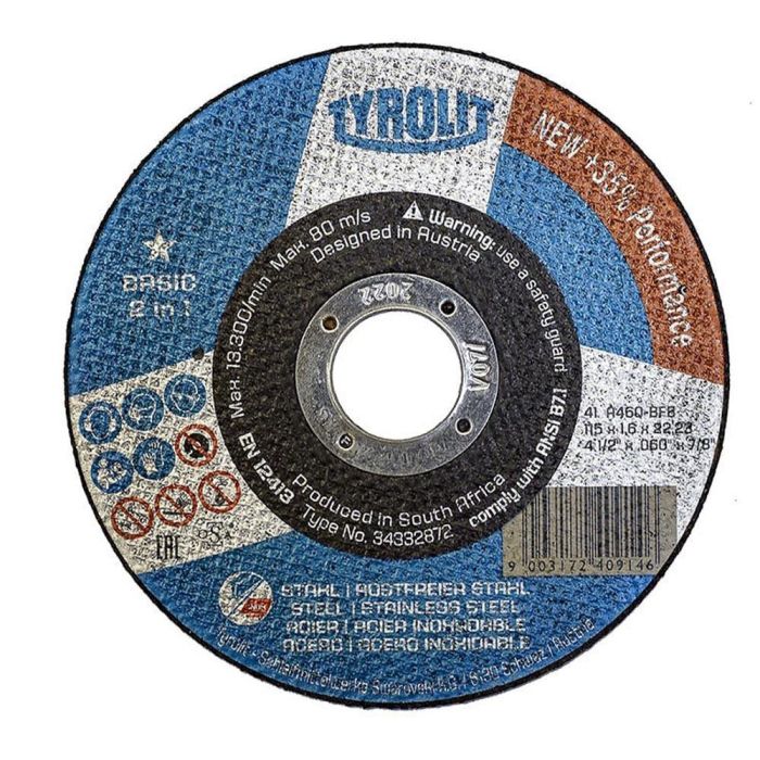 Tyrolit Disco de corte plano Ø115x1,6x22,23 mm para acero e inox, Ref. 34332872