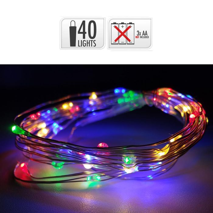 Guirnalda a pilas fija 40 leds cable alambre plateado luz multicolor 2,05m 1