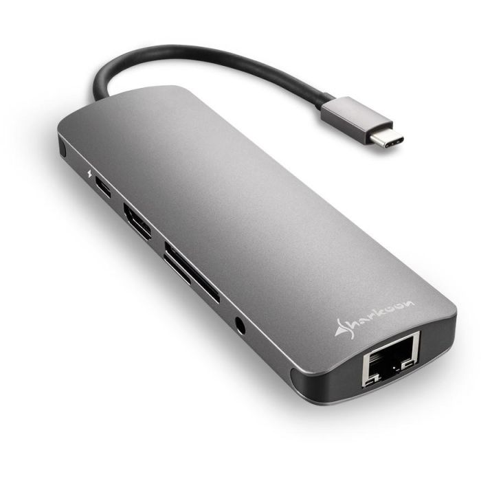 Sharkoon Adaptador Combo USB 3.0 Tipo C a HDMI, RJ-45 y Hub USB 3.2 Gen 1 (3.1 Gen 1) Gris