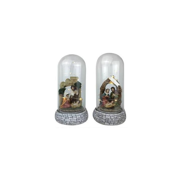 DKD Home Decor Nacimiento Navidad Tradicional Multicolor, 4 Unidades Surtidas, Led y Cristal, 10x10x21 cm, 2 Pilas AAA