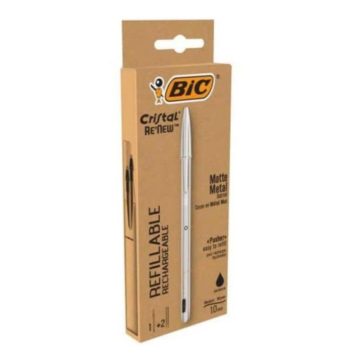 Bic Bolígrafo Cristal Re-New Tinta Negra Color Plata Blíster 1 Ud + 2 Recargas