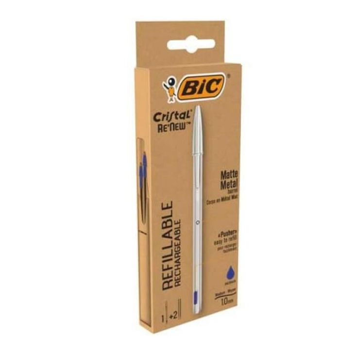 Bic Bolígrafo Cristal Re-New Tinta Azul Color Plata Blíster 1 Ud + 2 Recargas