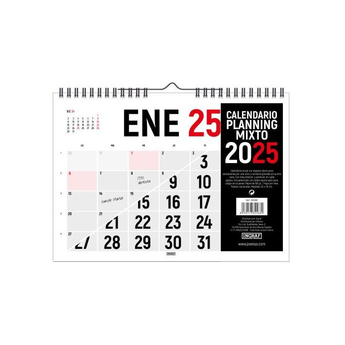 CALENDARIO 2025 PARED HORIZONTAL DOBLE CARA 42 x 30 CM INGRAF 332468