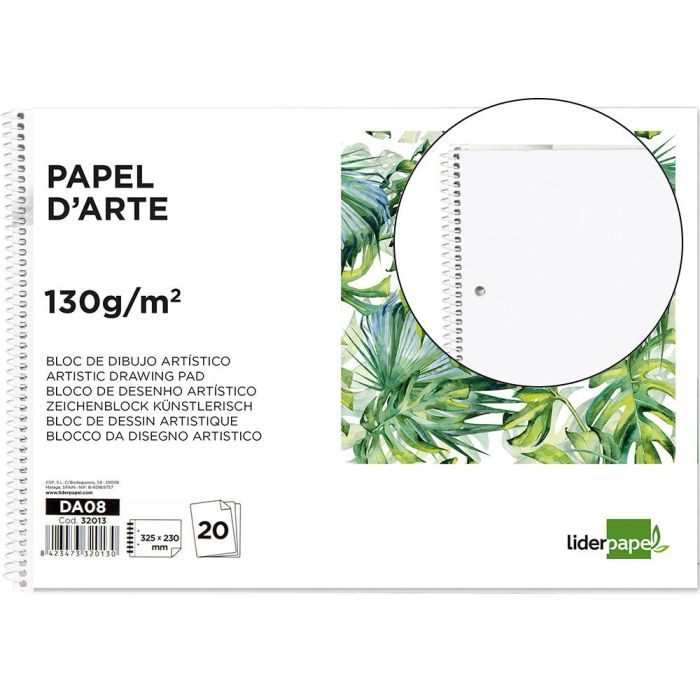 Bloc Dibujo Liderpapel Artistico Espiral 230x325 mm 20 Hojas 130 gr-M2 Sin Recuadro 2 Taladros Perforado 5 unidades