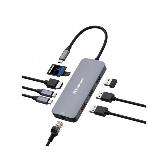 Verbatim 1 x HDMI, 4K 60Hz, 1 x RJ45, up to 1Gb/s, 2 x USB-C 3.2 Gen2, 10Gb/s, 1 x USB-A 3.2 Gen2, 10Gb/s, 2 x USB-A 3.2 Gen1, 5Gb/s, 1 x SD 3.0, 1 x microSD 3.0, 121mm x 49mm x 15.5mm Verbatim 1 x HDMI, 4K 60Hz, 1 x RJ45, up to 1Gb/s, 2 x USB-C 3.2 Gen2, 10Gb/s, 1 x USB-A 3.2 Gen2, 10Gb/s, 2 x USB-A 3.2 Gen1, 5Gb/s, 1 x SD 3.0, 1 x microSD 3.0, 121mm x 49mm x 15.5mm