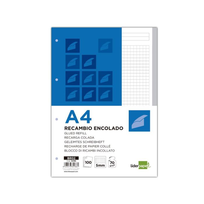 Bloc Encolado Liderpapel Cuadro 5 mm Gris A4 Natural 100 Hojas 70 gr-M2 5 unidades 1