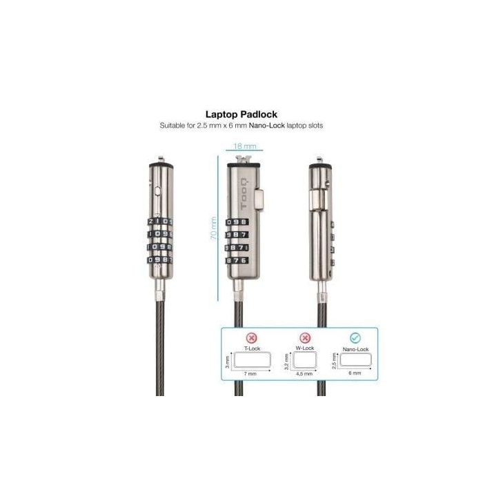 TOOQ Cable de Seguridad Tipo NANO con Combinacion para Portatiles 1.5 metros, Gris Oscuro 1 TOOQ Cable de Seguridad Tipo NANO con Combinacion para Portatiles 1.5 metros, Gris Oscuro 1