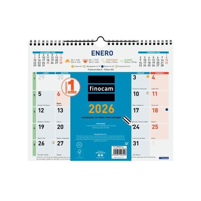 Finocam M-300x247 mm Mv Color Calendario de Pared 2026 Números Grandes, Anual, Espacio para Anotaciones, Ideal Oficina y Hogar