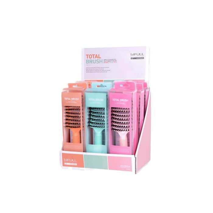 Bifull Expositor Cepillo Esqueleto Pelo Jabalí y Nylon Total Brush Pack 9 Unids Coral, Verde, Rosa