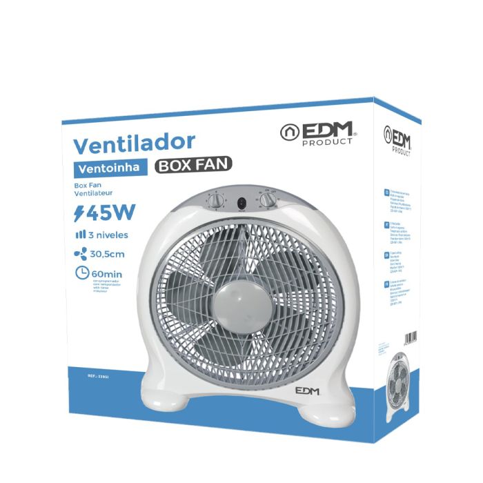 Ventilador box fan. color blanco/gri. potencia: 45w aspas: ø30,5cm 38,5x13x46cm edm 2
