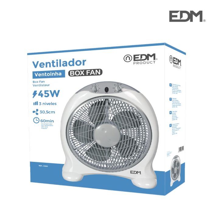 Ventilador box fan. color blanco/gri. potencia: 45w aspas: ø30,5cm 38,5x13x46cm edm 3