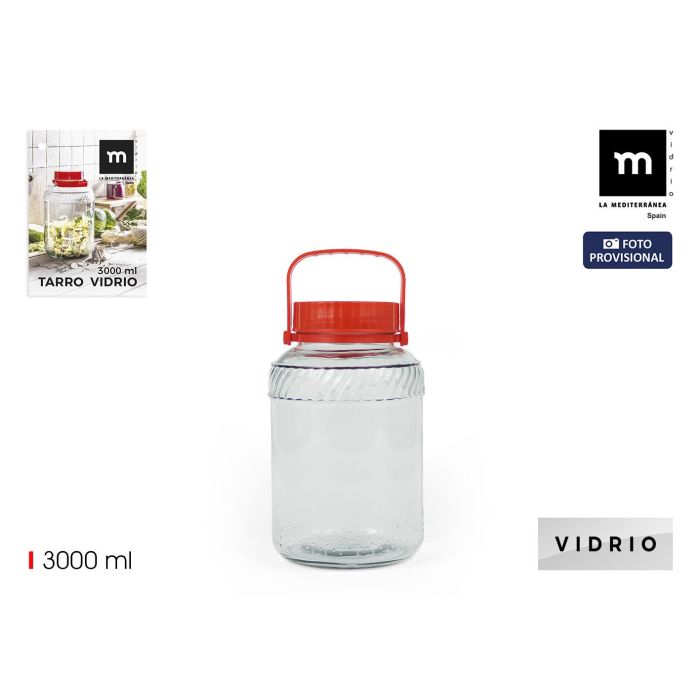Inde Tarro de Vidrio La Mediterranea con Tapa y Asa, 3000 ml (16 x 16 x 23.9 cm) (6 Unidades)