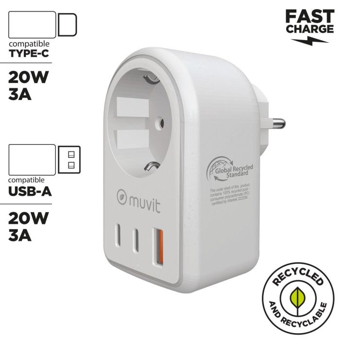muvit for change enchufe 2 Tipo C 20W + 1 USB blanco 10 muvit for change enchufe 2 Tipo C 20W + 1 USB blanco 10