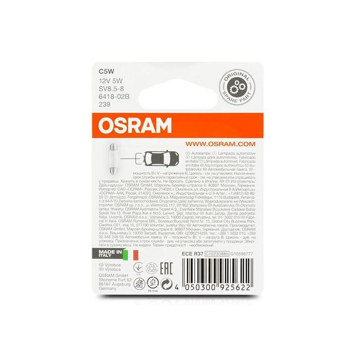 Bombilla para Automóvil OS6418-02B Osram OS6418-02B C5W 12V 5W 2 Bombilla para Automóvil OS6418-02B Osram OS6418-02B C5W 12V 5W 2