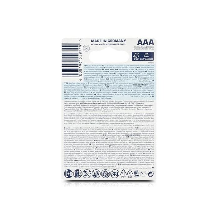 Pila varta alkalina longlife power aaa - lr03 (blister 4 unid.) ø10,5x44,5mm 2