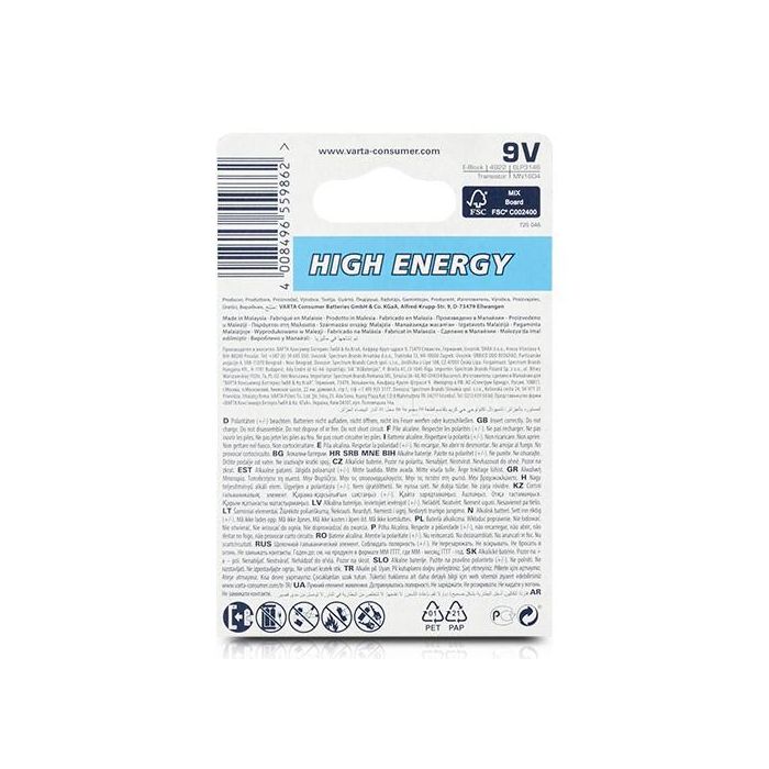 Pila varta alkalina longlife power 6lr61 9v (blister 1 unid.) 26,5x17,5x48,5mm 2