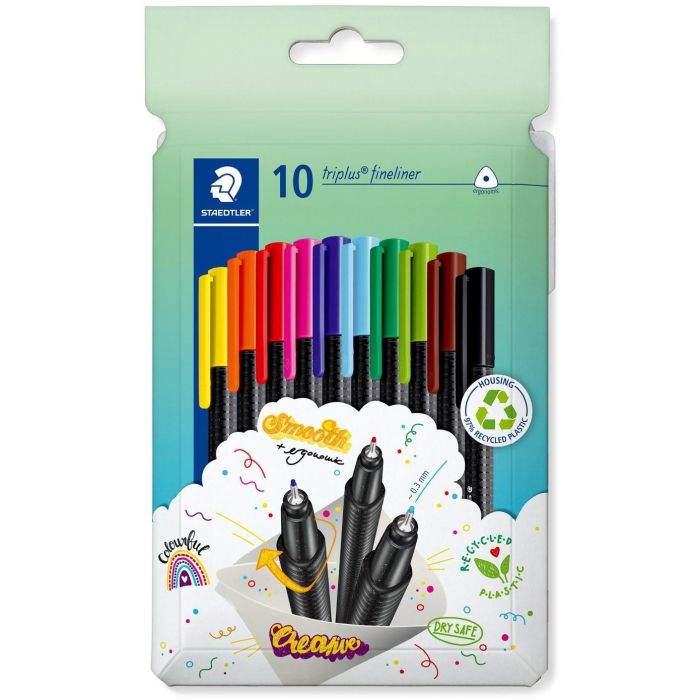 STAEDTLER 334 C10 Fineliner triplus Lápices de Colores 0.3mm Superfino - Pack 10 (Negro, Azul, Marrón, Verde, Naranja, Rosa, Rojo, Amarillo, Azul Claro, Verde Claro)