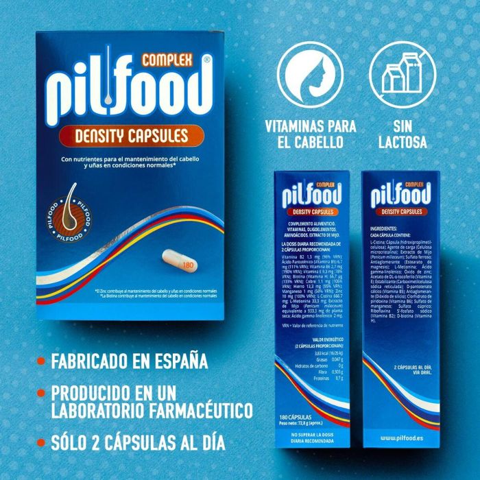 Pilfood DENSITY hair Cápsulas 180 u Tratamiento Anticaída Vitamina B2 B5 B6 E Biotina Cobre Hierro Zinc Manganeso L-Cistina L-Metionina Ácido Gamma-Linolénico Extracto de Mijo