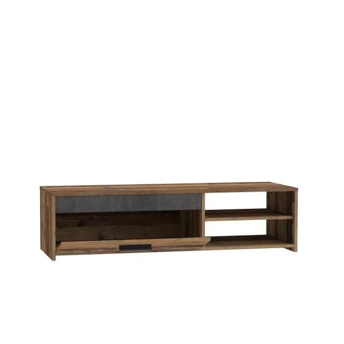 Mueble de TV 1 cajón 2 nichos - Madera vieja y decoración de hormigón gris oscuro - L 120 x P 42,1 x H 31,8 cm - PACO 5