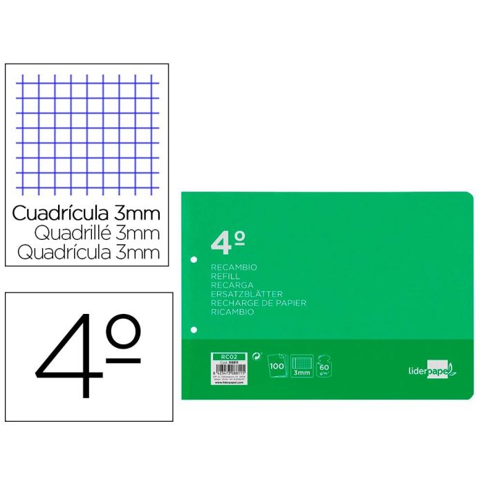 Recambio Liderpapel Cuarto Apaisado 100 H 2Tca-06 Cuadro 3 mm 2 Taladros Con Margen