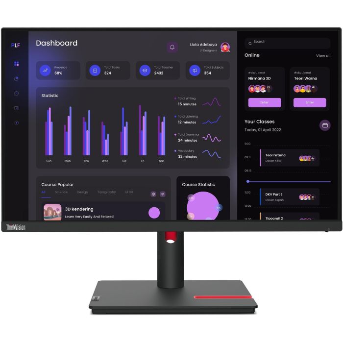 Lenovo T24i-30 Monitor ThinkVision 23.8" FHD IPS Ergonómico 1920x1080 con Soporte Ajustable, Low Blue Light y Hub USB 3.0 7