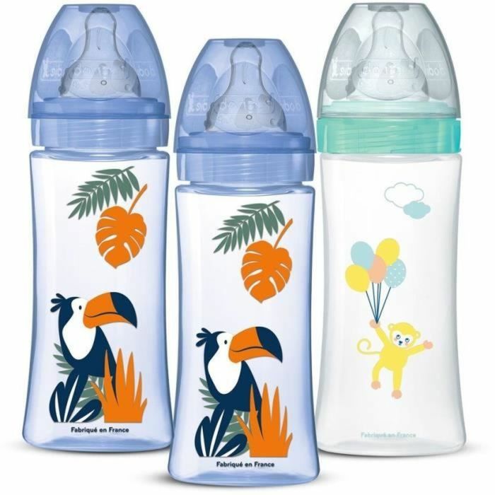 Set de 3 biberones - DODIE - Anticólico - Tetinas redondas - 330 ml - +6 meses - 3 velocidades - Caudal 3 - Azul y verde