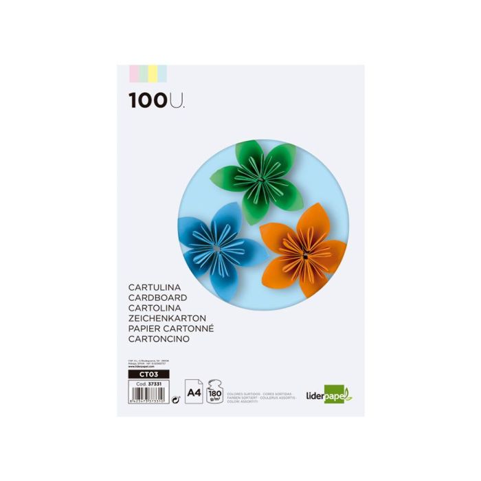 Cartulina Liderpapel A4 180 gr-M2 4 Colores Surtidos Paquete De 100 Hojas 1