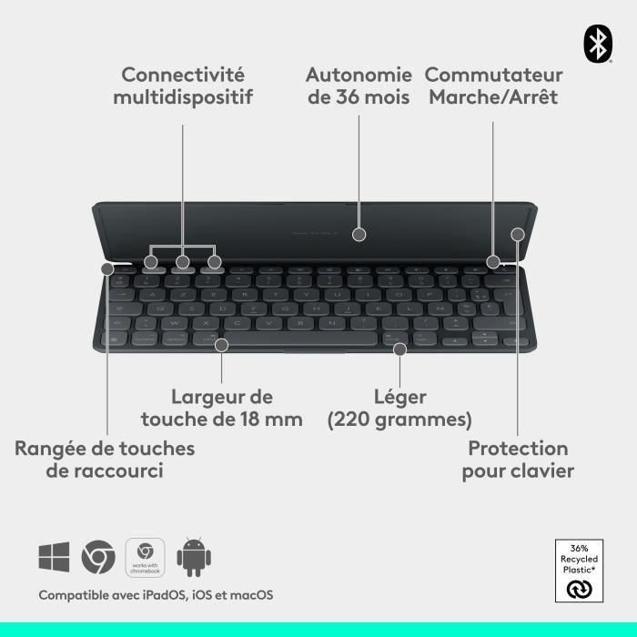 Teclado portátil - Inalámbrico - Logitech - Keys-To-Go 2 - para Ipad - AZERTY - Grafito 5 Teclado portátil - Inalámbrico - Logitech - Keys-To-Go 2 - para Ipad - AZERTY - Grafito 5