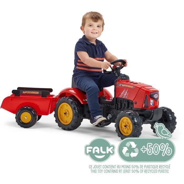Falk Tractor de pedal Supercharger rojo con capó de apertura y remolque, juguete infantil para 2-5 años 1