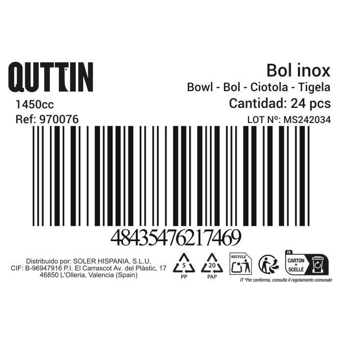 Bol de Metal Inoxidable Quttin 1450 cc (24 Unidades) 2 Bol de Metal Inoxidable Quttin 1450 cc (24 Unidades) 2