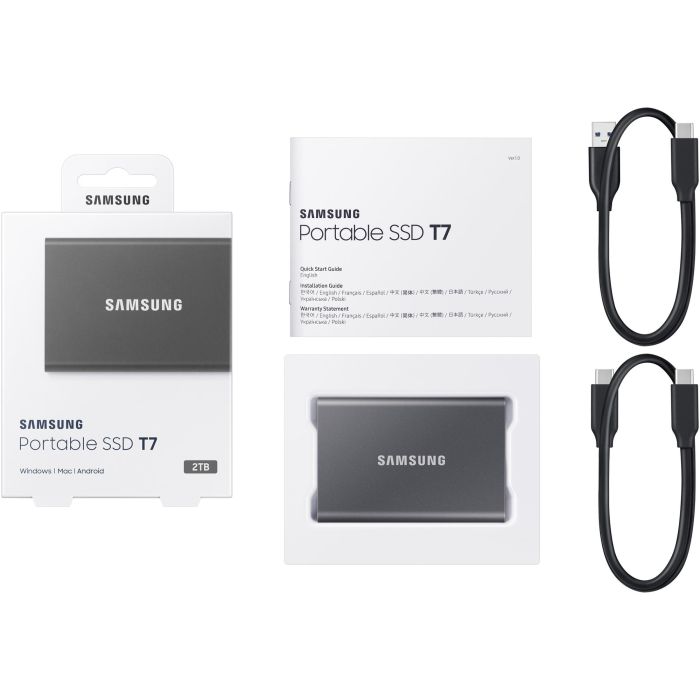 Samsung Portable SSD T7 2TB USB 3.2 Gen2 Tipo C Gris Titanio - NVMe, Lectura 1050MB/s, Escritura 1000MB/s, Aluminio 3