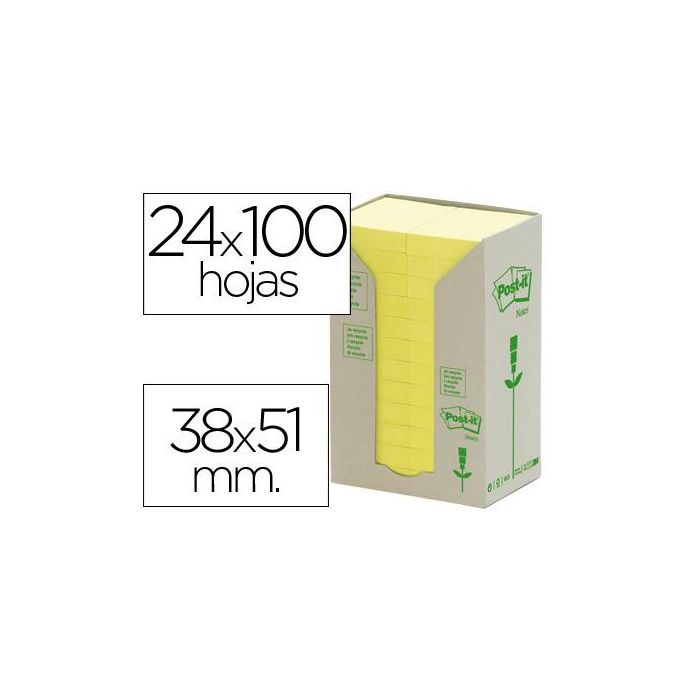 Bloc De Notas Adhesivas Quita Y Pon Reciclada En Torre Post-It 38 X 51 mm 24 Blocs 653 Reciclado