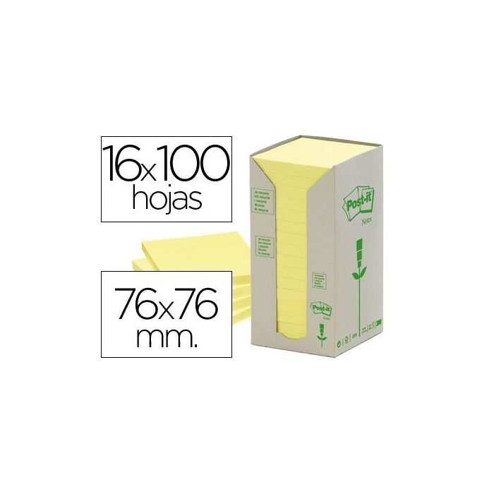 Bloc De Notas Adhesivas Quita Y Pon Reciclada En Torre Post-It 76 X 76 mm 16 Blocs 654 Reciclado