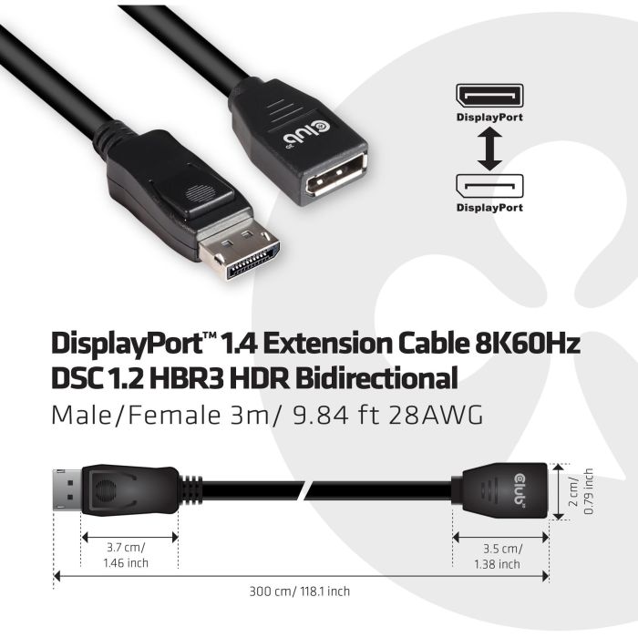 Club3D DisplayPort-Kabel 1.4 Verlängerung 3m 8K60HZ St/Bu retail 1