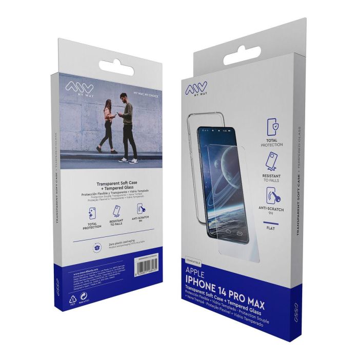 Myway Carcasa de TPU Transparente y Protector Pantalla Vidrio Templado para Apple iPhone 14 Pro 2