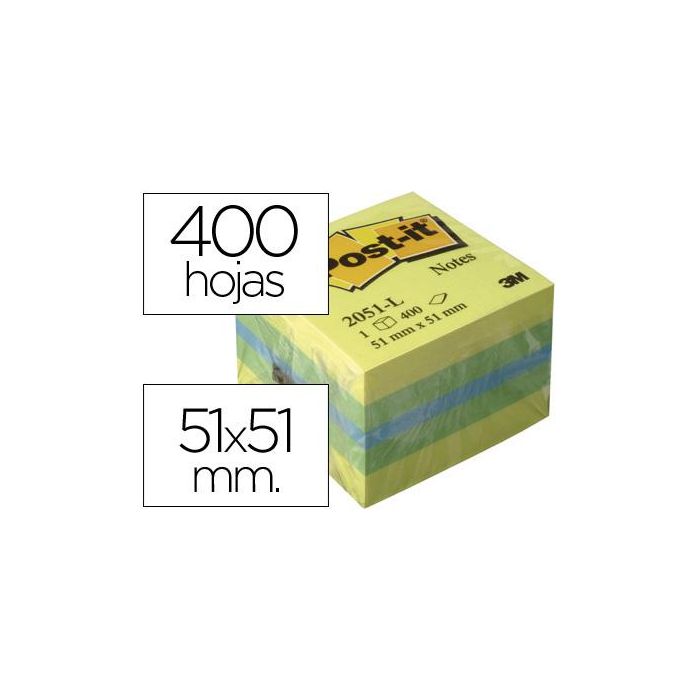 Post-It Mininotas Adhesivas Colores 51x51 mm 400 Hojas-Block Colores Limon. Verde, Azul Y Amarillo