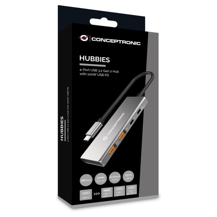 Conceptronic HUBBIES15G 4-Port USB 3.2 Gen 2 Hub, 10Gbps, USB-C x 2, USB-C a W Usb PD/Aluminum