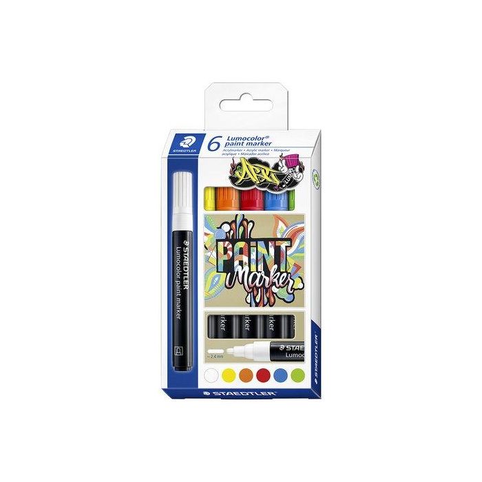 Staedtler Marcador Especial Lumocolor 349 Permanente, Acrílico Base Agua, 2.4 mm, Estuche 6 Ud