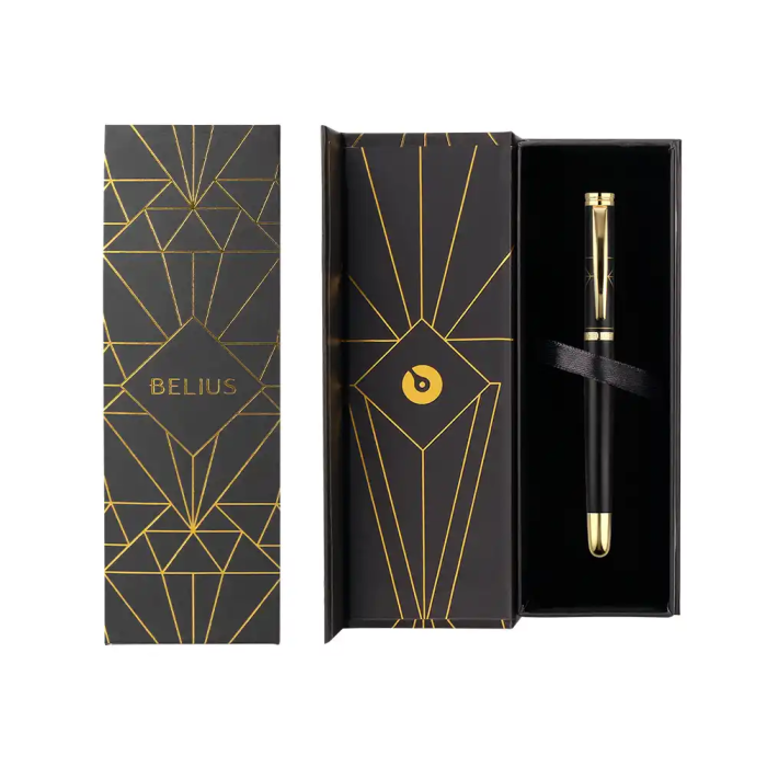 Belius Soiree Bolígrafo de Aluminio Negro y Dorado Tinta Azul Diseño Art Deco 4