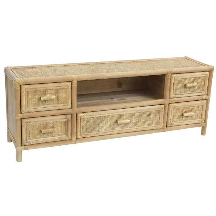 DKD Home Decor Mueble para TV Tropical de Abeto y Ratán Marrón Claro Acabado Natural con 5 Cajones y 1 Estantería 120x30x45 cm DKD Home Decor Mueble para TV Tropical de Abeto y Ratán Marrón Claro Acabado Natural con 5 Cajones y 1 Estantería 120x30x45 cm