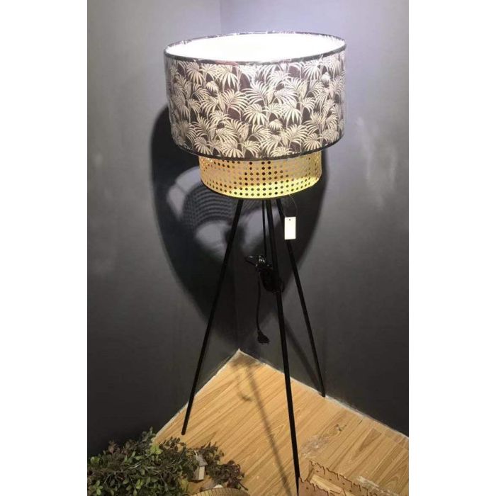 DKD Home Decor Lámpara de Pie Colonial Negro Natural Rejilla Palmeras - Metal Poliéster, Desmontable, E27 40W, 60x60x129 cm