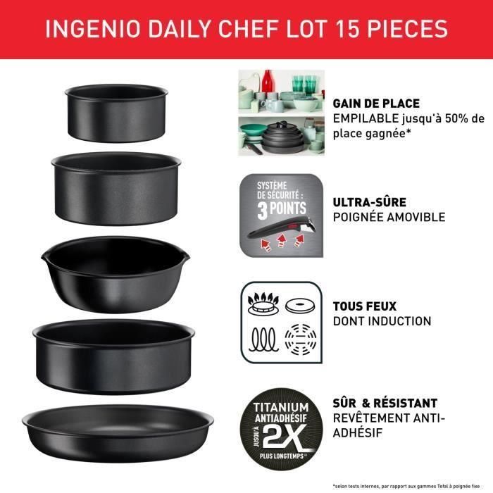 TEFAL Ingenio Kitchen Battery 15 PC, inducción, no pisos, cocción saludable, hecha en Francia, Chef diario L7629902 1