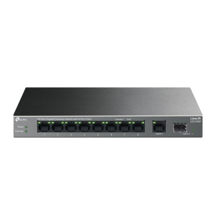 TP-Link LS1210GP Switch Gigabit 10 Puertos (8x PoE+ 61W, Puerto SFP, Extensión PoE 250m, Aislamiento, Silencioso)